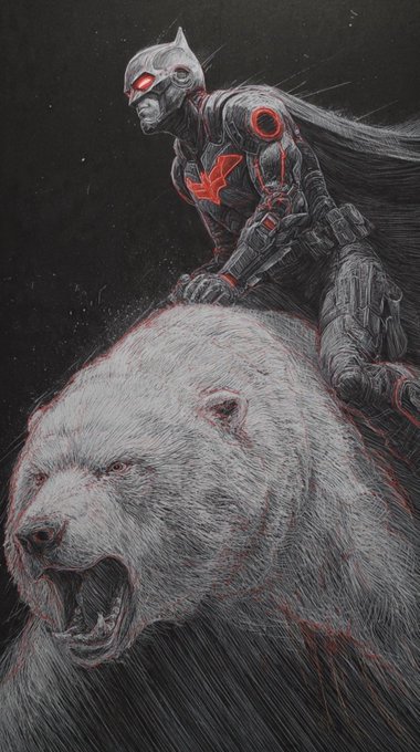 A dark, armored warrior with glowing red eyes and a horned helmet rides atop a fierce roaring polar bear, emanating a powerful, battle-ready aura that perfectly mirrors the post's bold declaration of hunting down scam projects as the "king of short."