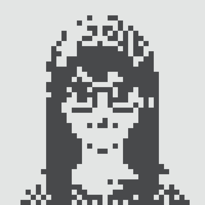 A pixel art portrait of a hooded figure with a stylized face rendered in dark navy blue squares on a white background.