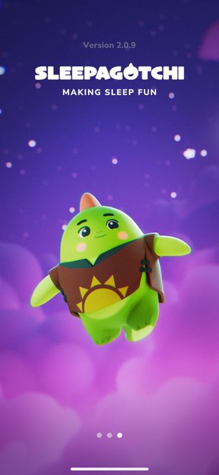 A mobile app screen titled 'Version 2.0.9' for 'SLEEPAGOTCHI - MAKING SLEEP FUN' features a cute green dinosaur-like character in a sun-patterned hoodie floating among purple clouds against a starry night sky.