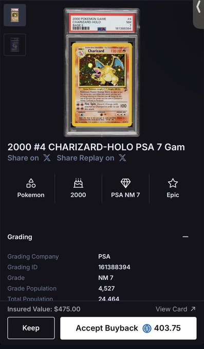 A digital trading card interface showing a '2000 #4 CHARIZARD-HOLO PSA 7' Pokemon card with an Insured Value of $475.00 and an Accept Buyback price of 403.75.