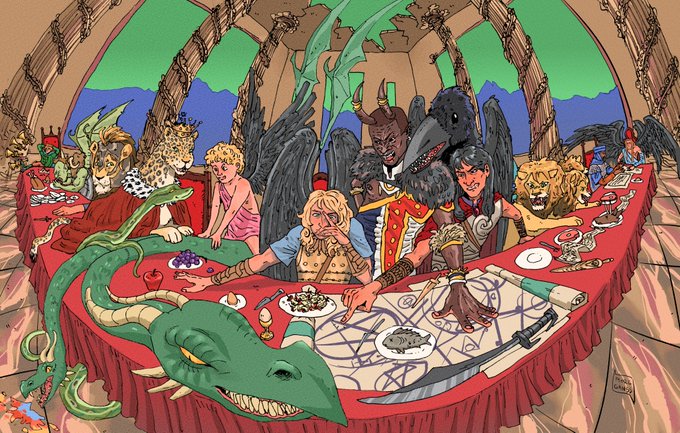 A fantasy illustration depicting a diverse group of mythical and human figures, including a green dragon, winged creatures, and warriors, gathered around a round table covered with a red cloth and various items.