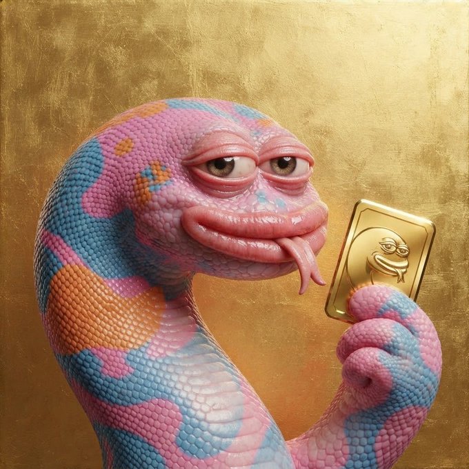 A 3D rendering of a colorful, pink and blue lizard-like creature holding and looking at a gold coin featuring its own likeness against a golden background.