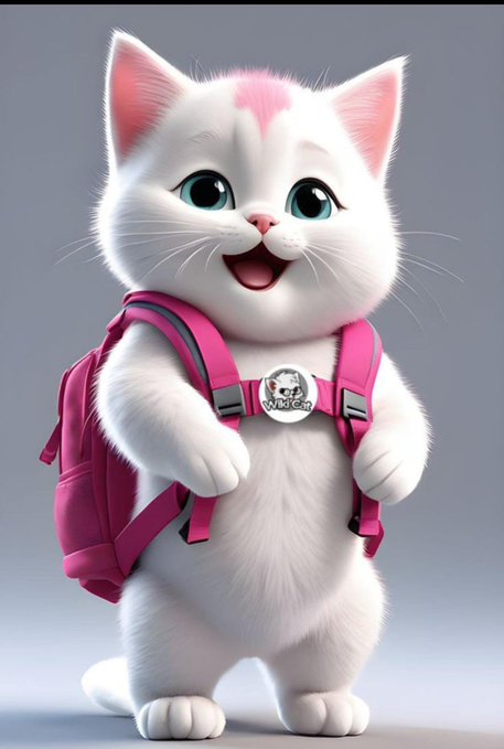 A 3D-rendered cute white cat character with pink markings wearing a pink backpack, featuring a 'Worldcoin' (WLD) badge on the harness.