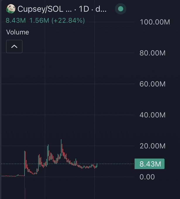 A trading chart showing a 1-day candle graph for the SOL token with a volume of 8.43M and a 22.84% increase.