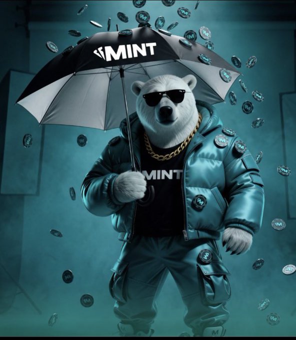 A 3D-rendered polar bear wearing sunglasses, a gold chain necklace, and a puffer jacket over a 'MINT' t-shirt, holding an umbrella with 'MINT' written on it while coin tokens fall around it.