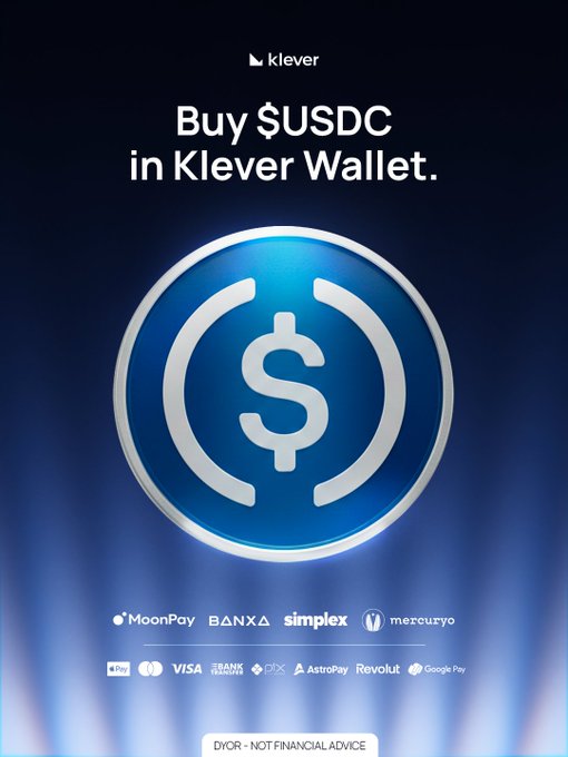The image features an advertisement for a new cryptocurrency called $USDC, which stands for User-SDC. The poster displays a blue circle with a white dollar sign inside of it, accompanied by various logos representing different payment methods or wallet options available through the Klever Wallet feature. The text on the poster encourages users to "Buy $USDC in Klever Wallet."