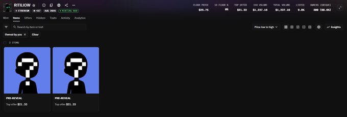 NFT marketplace interface for "RITILLOW" collection showing a floor price of $20.75 and listing two identical "PRE-REVEAL" NFT items priced at $21.33 each.