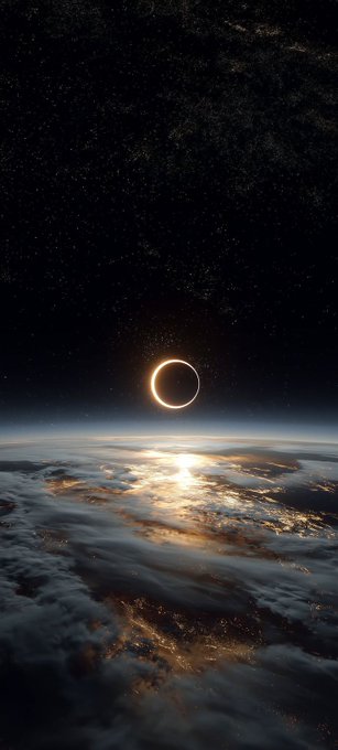 A stunning view of a solar eclipse from above Earth's atmosphere, showing the sun's corona glowing in a bright ring around the moon as its light reflects off the cloud-covered planet below, all set against a star-filled night sky.