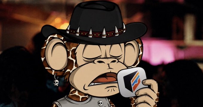 A cartoon monkey wearing a studded black cowboy hat and skull accessories angrily reports on crypto, holding a microphone with a stylized logo, while the post highlights a Cake Wallet setup and $TBB holdings at 42 cents.
