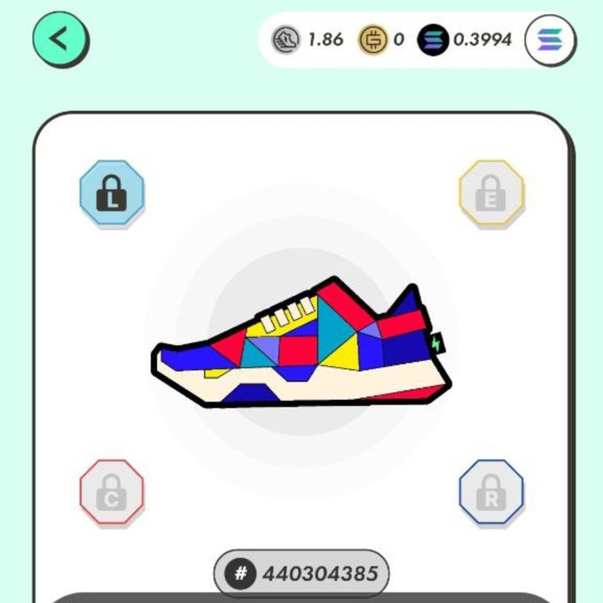 A screenshot of the STEPN move-to-earn app showing a colorful sneaker NFT in the center with locked upgrade nodes (L, E, C, R) around it, a GST balance of 1.86, and a sneaker ID of #440304385.