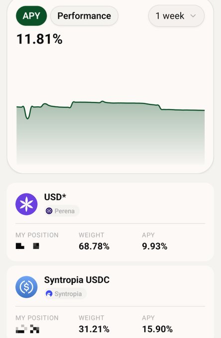 A mobile app screen displays a 'Performance' tab showing an APY of 11.81%, with positions in USD* on Perena (weight 68.78%, APY 9.93%) and Syntropia USDC on Syntropia (weight 31.21%, APY 15.90%).