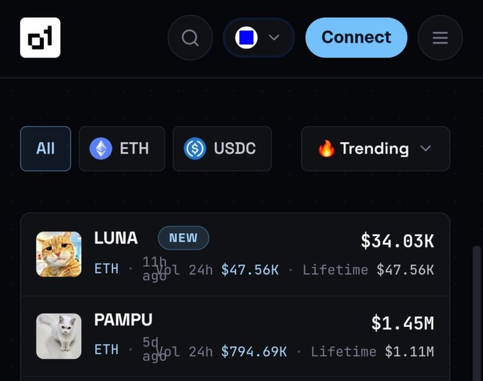 A cryptocurrency trading platform interface (likely DEX Screener) showing trending tokens including LUNA ($34.03K) and PAMPU ($1.45M) on the ETH network.
