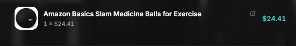 An Amazon shopping receipt shows the purchase of an "Amazon Basics Slam Medicine Balls for Exercise" at $24.41 (1 x $24.41), illustrating the user's tweet about buying a slam ball from Amazon with USDC via @SP3NDdotshop directly from their wallet.
