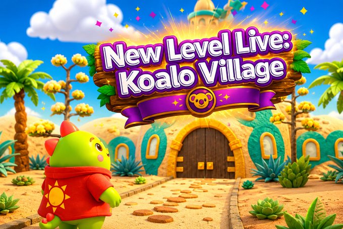 A vibrant video game promotional banner titled "New Level Live: Koalo Village" featuring a green dragon-like character in a red sun shirt standing before a desert village entrance with palm trees and a domed building.