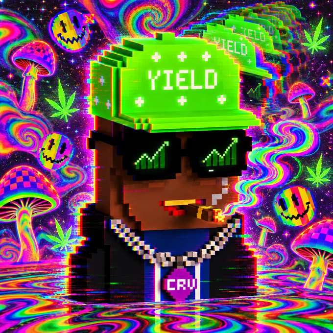 A vibrant, psychedelic digital artwork features a pixelated character wearing a green "YIELD" sign as a hat and pixel sunglasses, surrounded by glowing mushrooms, smiley faces, and cannabis leaves on a cosmic background.