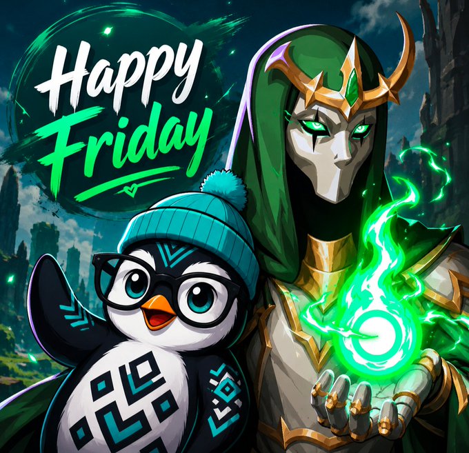 A digital art piece with "Happy Friday" text showing a cute penguin character with glasses and a QR code design next to a hooded, masked figure holding green magical energy.