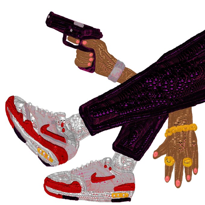 The image features a pair of legs with sneakers, one red and white and the other black and purple. The person's hands are holding a gun and a pair of gold rings. The background appears to be a white surface or canvas.