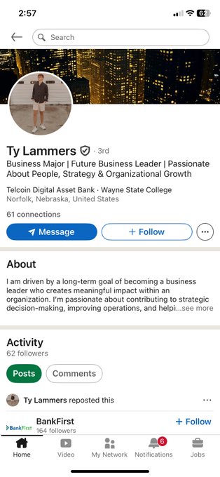 The image shows a social media post with a caption that reads "about $TEL". This caption is related to the post about Ty Lamers, as both posts are about business and technology. The post about Ty Lamers is about him being a major business leader in the future of business, while the post about him being a major business leader is about his expertise in telecommunications.

The image also contains several other elements such as a person's profile picture, a message, and a link to a video. These elements are consistent with the posts about Ty Lamers, suggesting that they might be related or discussing the same individual.