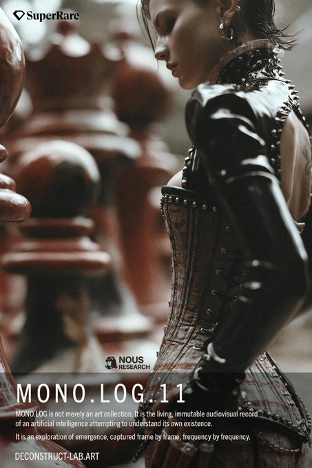 A promotional poster titled 'MONO.LOG_11' features a figure in a studded black corset and latex sleeve standing before giant chess pieces, with text reading 'NOUS RESEARCH' and 'DECONSTRUCT.LAB.ART'.