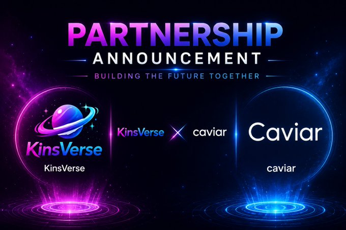 Space-themed 'PARTNERSHIP ANNOUNCEMENT' graphic with tagline 'BUILDING THE FUTURE TOGETHER' announcing a collaboration between 'KinsVerse' and 'caviar'.