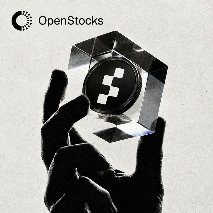 A stylized black-and-white image showing a hand holding a transparent cube containing a coin with a logo, with the 'OpenStocks' logo and name displayed in the upper left corner.