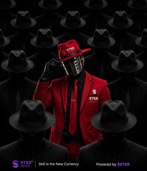 Promotional graphic for $STKR News showing a figure in a red suit and hockey mask surrounded by identical shadowy figures in black fedoras, with the tagline 'Skill is the New Currency'.