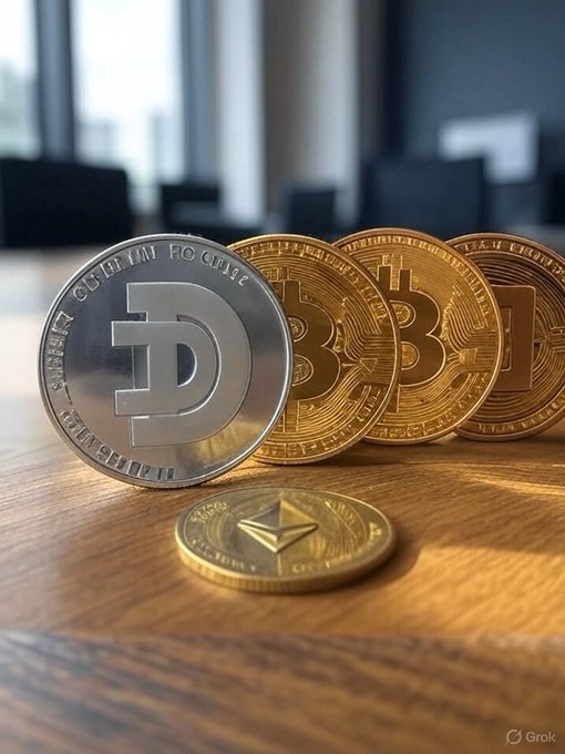 A silver Dogecoin coin stands prominently next to several golden Bitcoin coins and an Ethereum coin on a wooden surface, symbolizing Dogecoin's newly elevated status alongside major cryptocurrencies. The image visually reinforces the message that Dogecoin is now treated on par with Bitcoin and Ethereum under reduced regulatory disclosure requirements.