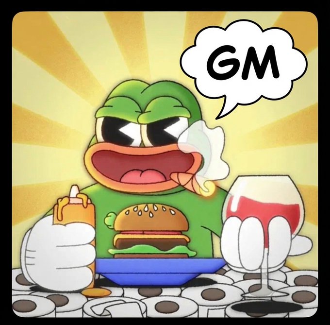 A cartoon frog character wearing sunglasses happily eating a burger and onion rings while holding a glass of red wine, with a speech bubble saying 'GM' against a sunburst background.