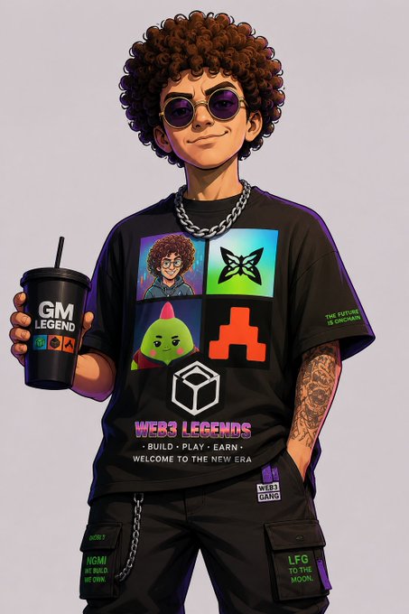 An illustrated character with curly hair and purple sunglasses holding a 'GM LEGEND' cup, wearing a black t-shirt with 'WEB3 LEGENDS' and 'BUILD - PLAY - EARN - WELCOME TO THE NEW ERA' along with various Web3 logos.