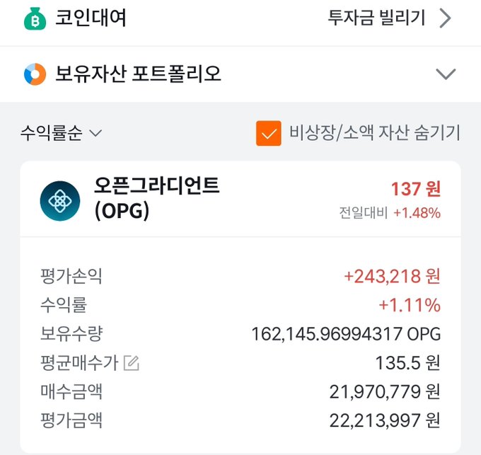 The image shows a Korean cryptocurrency portfolio (코인대여) screen displaying Opengradient (OPG) holdings valued at 137 won with a +1.11% gain (+243,218 won), currently sitting on 162,145.96 OPG tokens at an average purchase price of 135.5 won. The screenshot captures a small win on a speculative altcoin pick, fitting the poster's humorous "shitcoin hunch" gamble that—unlike their prediction—is currently in the green.