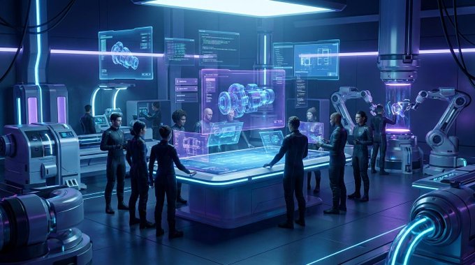 A futuristic sci-fi illustration of a high-tech laboratory where people in dark uniforms gather around a glowing central holographic interface, surrounded by advanced robotic arms and floating data screens in blue and purple lighting.