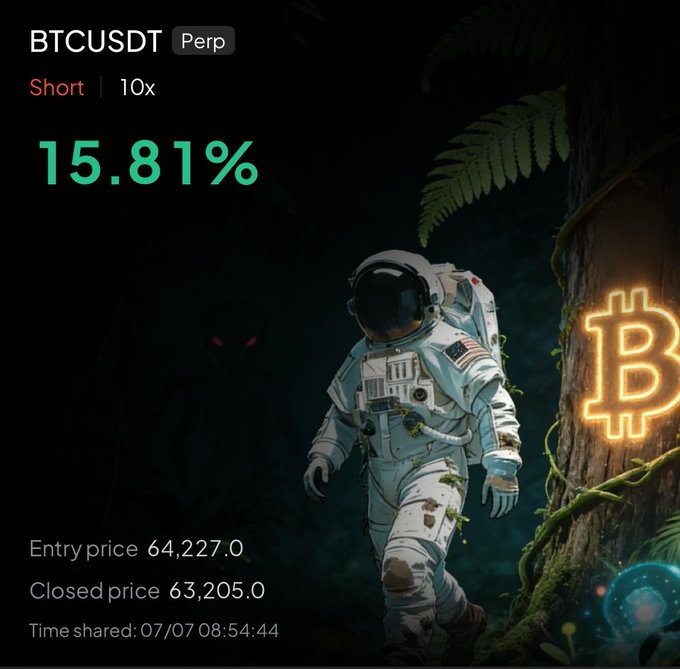 A crypto trading screenshot showing a profitable **BTCUSDT Perp Short** position with **10x** leverage, generating a **15.81%** gain (entry: 64,227.0, closed: 63,205.0), shared on **07/07 08:54:44**. The image features an astronaut exploring a dark jungle with a glowing Bitcoin tree and lurking red eyes, symbolizing the trader's successful navigation of the volatile crypto market ahead of their promised $1k monthly giveaway.