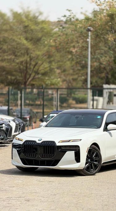 The image features a white BMW car parked next to a fence with trees in the background. The car appears to be a sports utility vehicle (SUV) or a luxury sedan, depending on its size compared to other cars visible in the scene. The focus of the image is on the car and its surroundings, creating an interesting contrast between the sleek design of the BMW and the natural elements like trees.