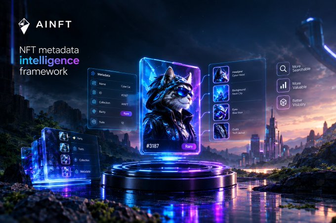 A promotional graphic for 'AINFT' advertising their 'NFT metadata intelligence framework', featuring a futuristic sci-fi image with a holographic NFT card (#3187) of a cat warrior character.