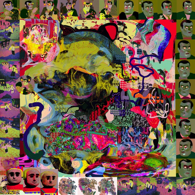A highly distorted, colorful digital art collage featuring repeating cartoon-like faces around the border and a chaotic abstract center.