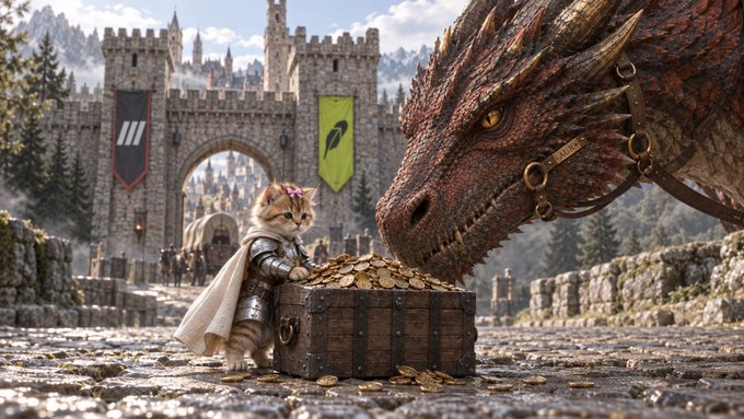 A fantasy scene depicts a small cat dressed as a knight standing by a treasure chest full of gold coins, facing a large dragon in front of a medieval castle.