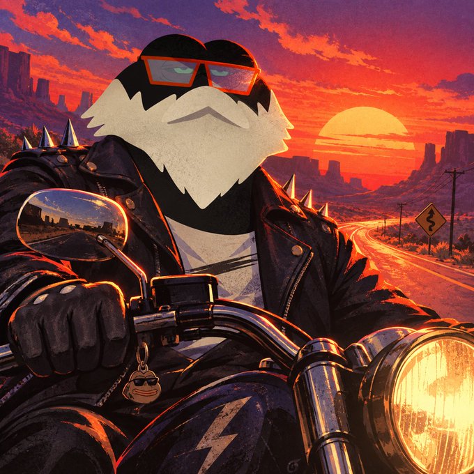 penguin motorcycle sunset illustration