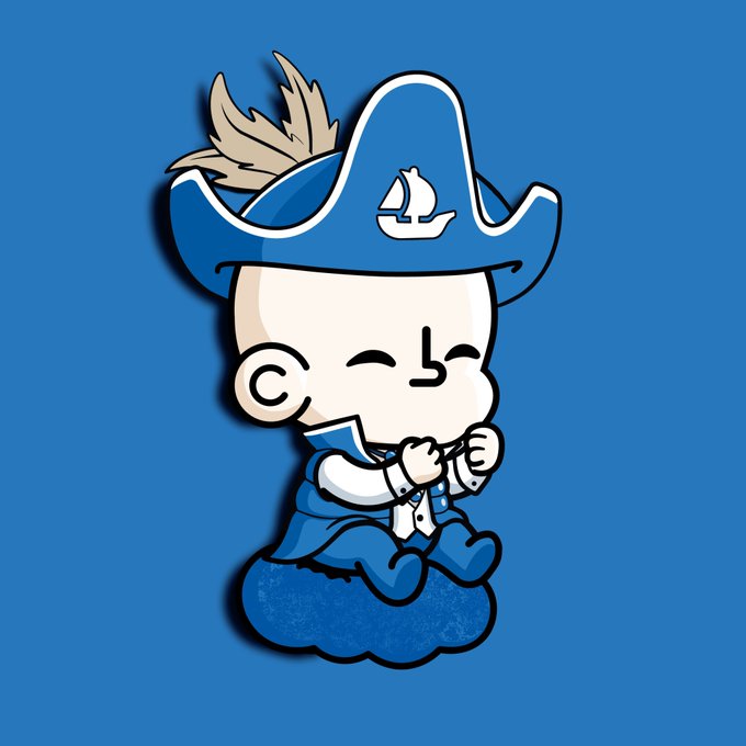 A cartoon illustration of a chibi-style character wearing a blue pirate hat with a sailboat emblem, sitting on a blue cloud and giving a thumbs up.