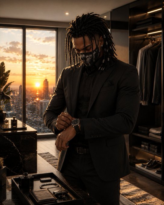 Stylized photo of a man with dreadlocks wearing a black mask and black suit, looking at his luxury watch in a high-rise apartment with a sunset cityscape view.