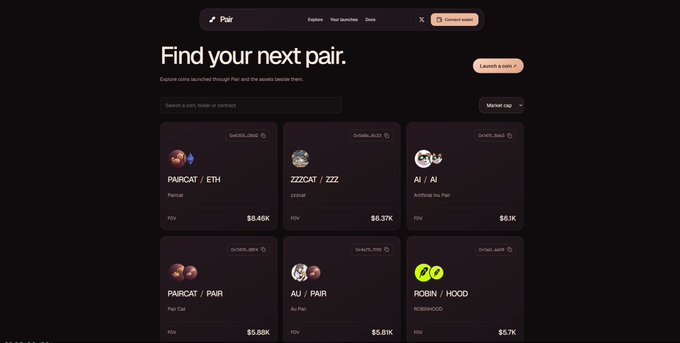 A dark-themed web interface titled 'Pair' showing 'Find your next pair' with cryptocurrency listing cards including PARCAT/ETH, ZZZCAT/ZZZ, AI/AI, PARCAT/PAR, AI/PAIR, and ROBIN/HOOD with FDV values.