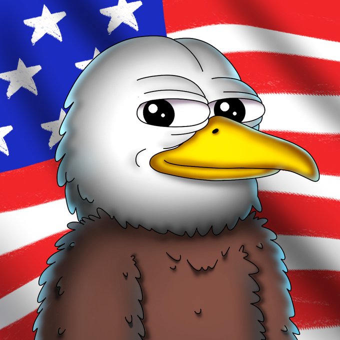 A cartoon bald eagle illustration with a tired or deadpan expression set against an American flag background.