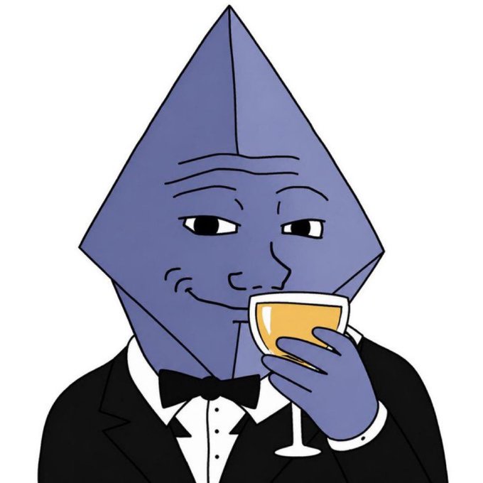 A cartoon illustration depicts a purple diamond/kite-shaped character wearing a black tuxedo and bow tie, sipping from a glass of orange juice.