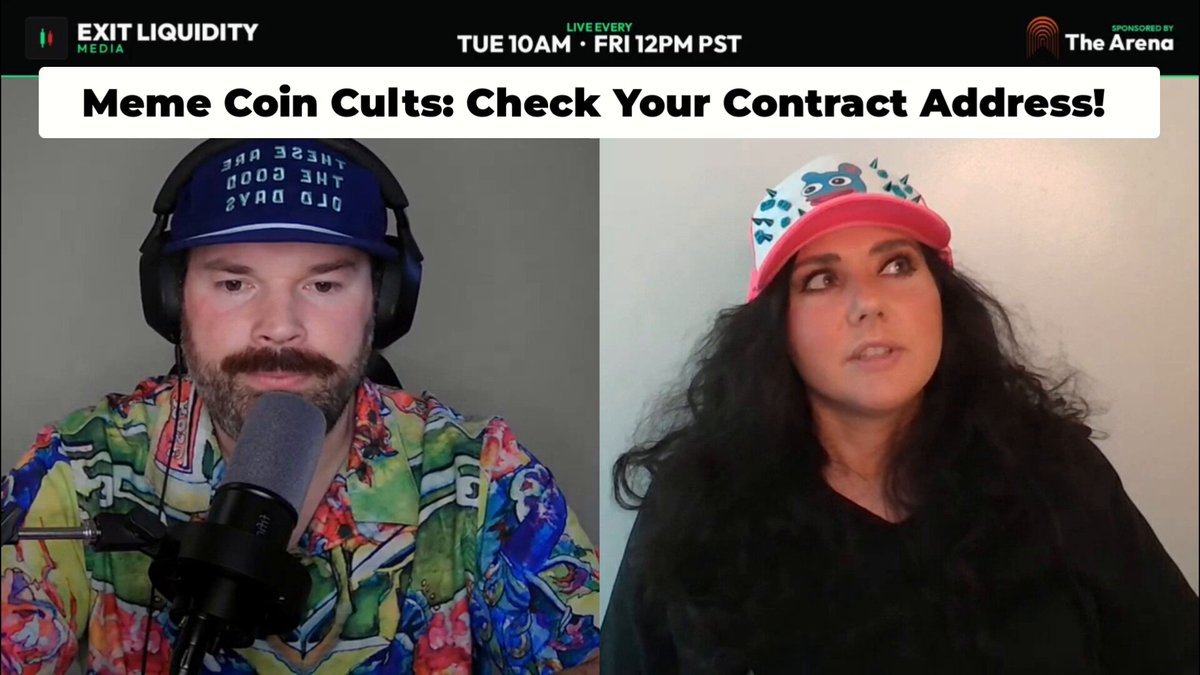 The image shows a man wearing a colorful shirt and hat, holding a microphone, and another woman wearing a red cap sitting next to him. They are both looking at the camera while talking into microphones. The background of the image features a white wall with text that reads "Exist Liquidity", "Meme Coin Cults Check Your Contract Address!", and "The Arena".