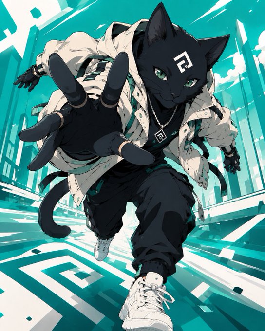An anime-style illustration of a black cat-like humanoid character wearing a white jacket and black pants, with a geometric symbol on its forehead, reaching out toward the viewer against a teal cityscape background.