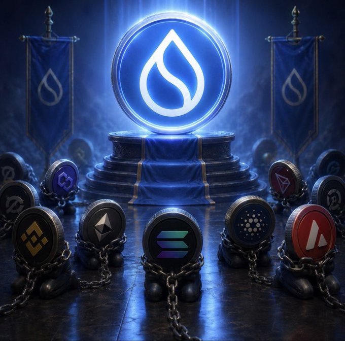 A digital illustration featuring the Sui (SUI) logo on a glowing blue throne, surrounded by chained cryptocurrency coin icons including Binance, Ethereum, Solana, Cardano, and Avalanche.