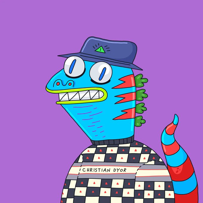 A colorful cartoon drawing of a blue lizard-like character wearing a hat and a shirt with 'CHRISTIAN DYOR' written on it, set against a purple background.