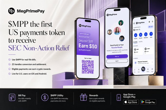 An advertisement for MegPrimePay promoting '$MPP the first US payments token' with 'SEC Non-Action Relief', showing three mobile phone screens displaying deposit and rewards features.