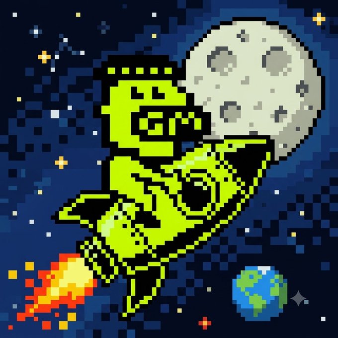 Pixel art illustration of a green alien riding a rocket through space, holding the moon, with Earth visible in the background.