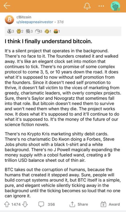 A Reddit post on r/Bitcoin titled 'I think I finally understand bitcoin.' by u/sleepapneainvestor, discussing Bitcoin as a silent project that continues to work.