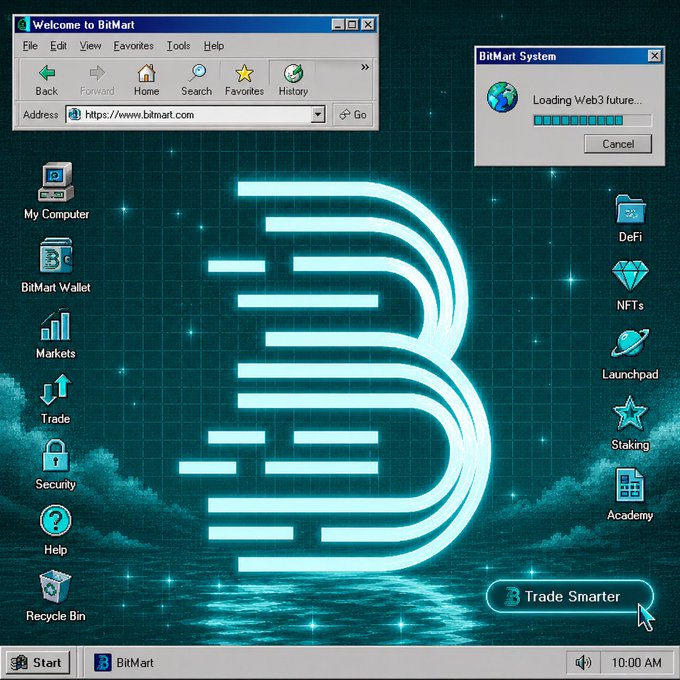 The image displays a retro Windows-style desktop interface themed around BitMart cryptocurrency exchange, featuring a browser window at "https://www.bitmart.com," various desktop icons (My Computer, BitMart Wallet, Markets, Trade, Security, Help, Recycle Bin, DeFi, NFTs, Launchpad, Staking, Academy), a loading window for "BitMart System / Loading Web3 future...", and a glowing Bitcoin "B" symbol as the wallpaper—playfully suggesting it's time to buy Bitcoin, as referenced in the post.